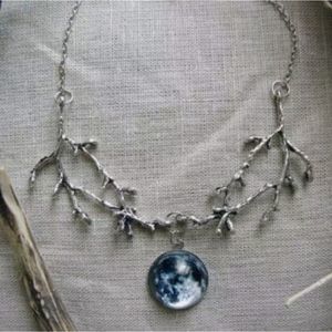 Goth full moon branch tree silver necklace Wicca witch pendant